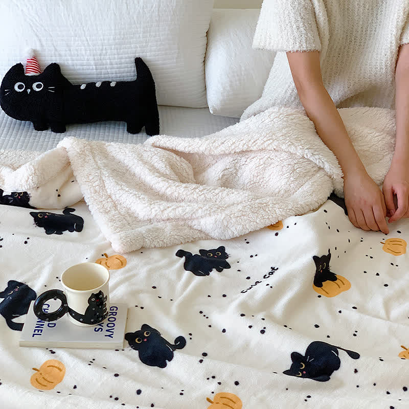 Cute Cat & Pumpkin Fleece Blanket