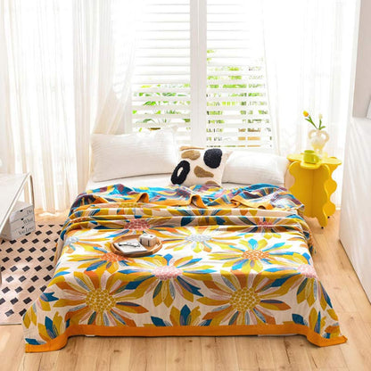 Ownkoti Yellow Flower Print Cotton Reversible Quilt