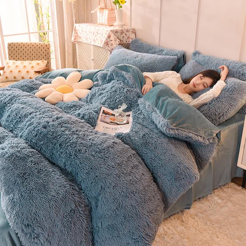 Fluffly Bedding Set Duvet Cover & Pillowcase - Gray Blue - Queen - image 16