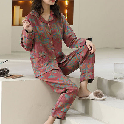 Flower Print Cotton Double-layer Loungewear Set