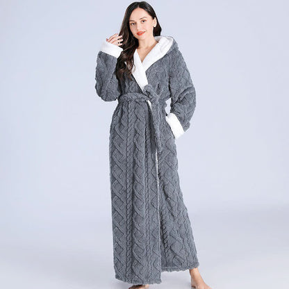 Ownkoti Jacquard Hoodie Long Bathrobe with Belt