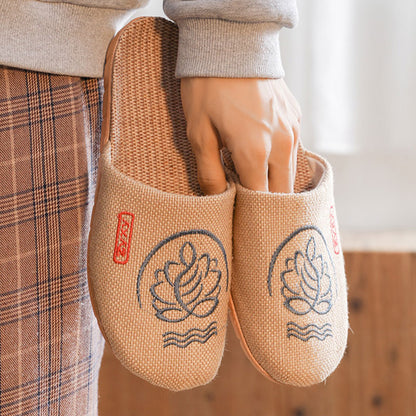 Retro Embroidered Lotus Flax Slippers