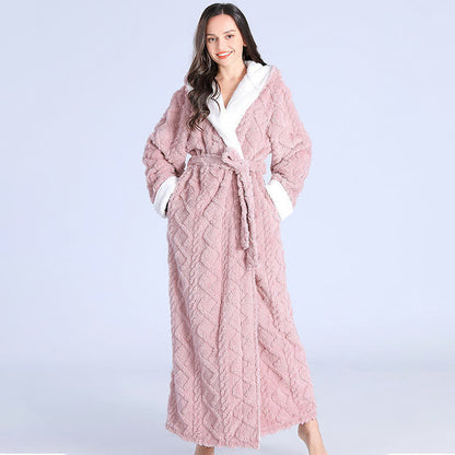 Ownkoti Jacquard Hoodie Long Bathrobe with Belt