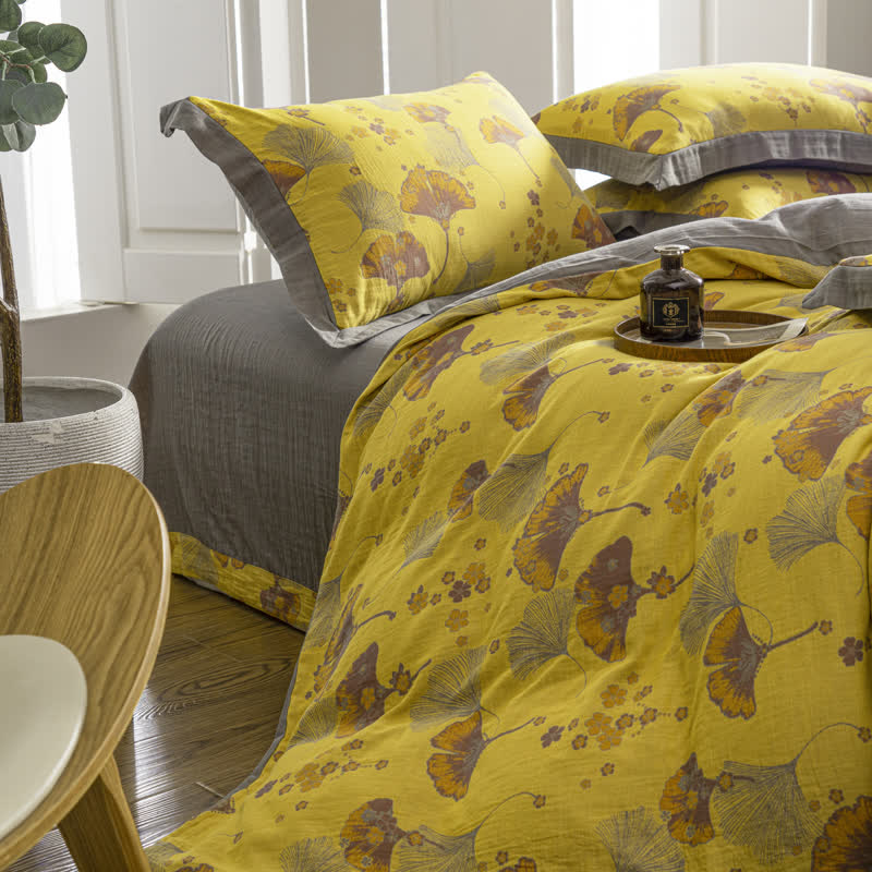 Vintage Ginkgo Leaf Cotton Gauze Bedding Set (4PCS)