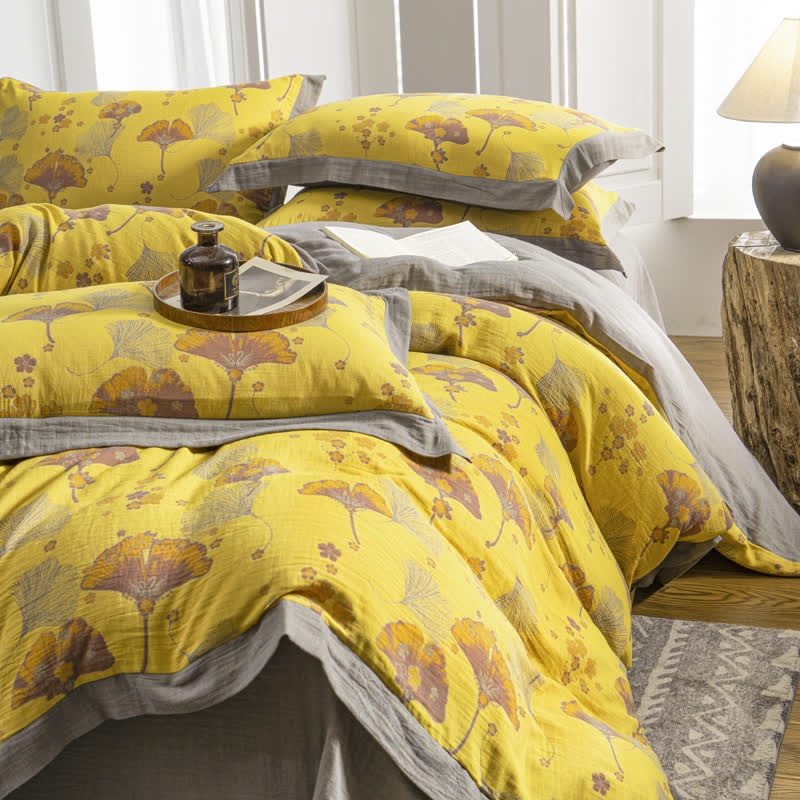 Vintage Ginkgo Leaf Cotton Gauze Bedding Set (4PCS)