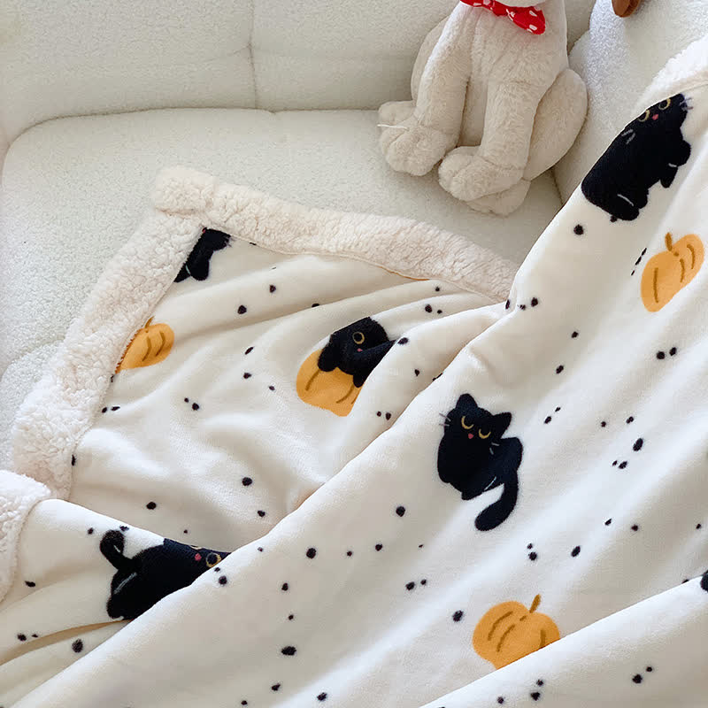 Cute Cat & Pumpkin Fleece Blanket