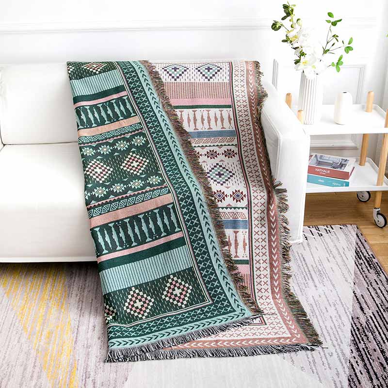 Ownkoti Bohemian Reversible Colorful Print Tassel Blanket