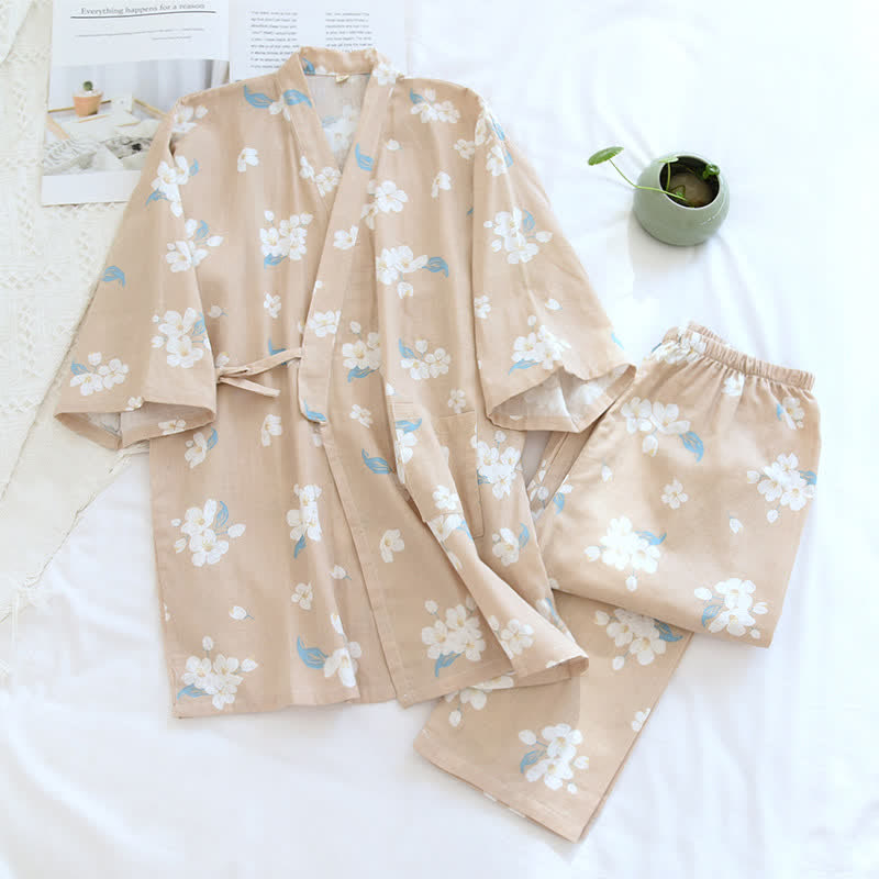 Cotton Gauze V-neck Floral Pajama Set