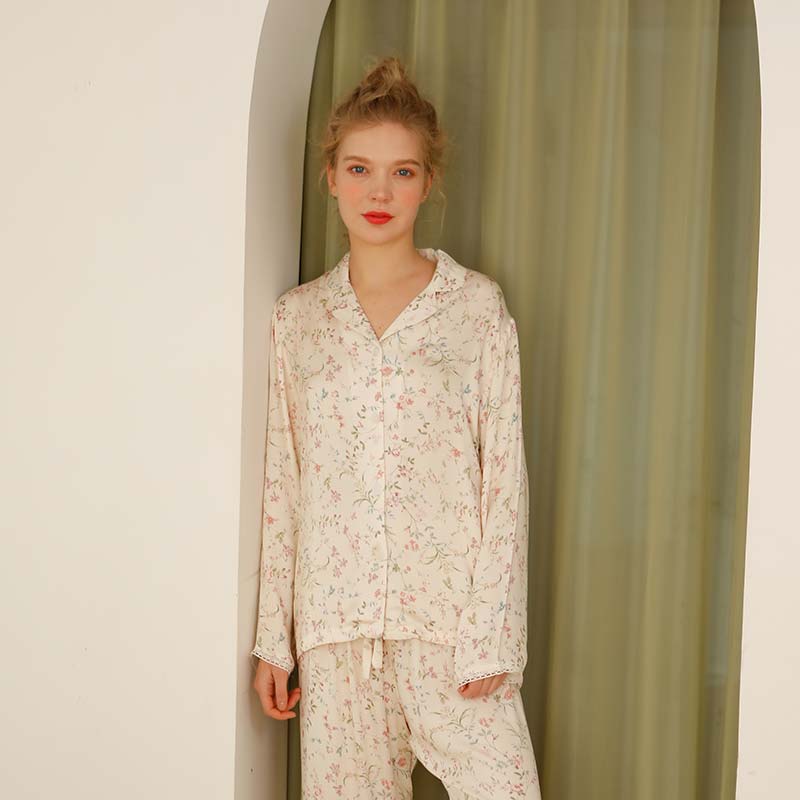 Ownkoti Floral Satin V-Neck Long Sleeve Loungewear