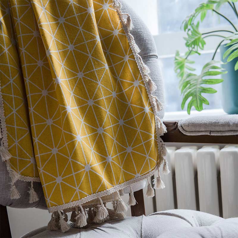 Ownkoti Yellow Plaid Translucent Curtains with Tassels