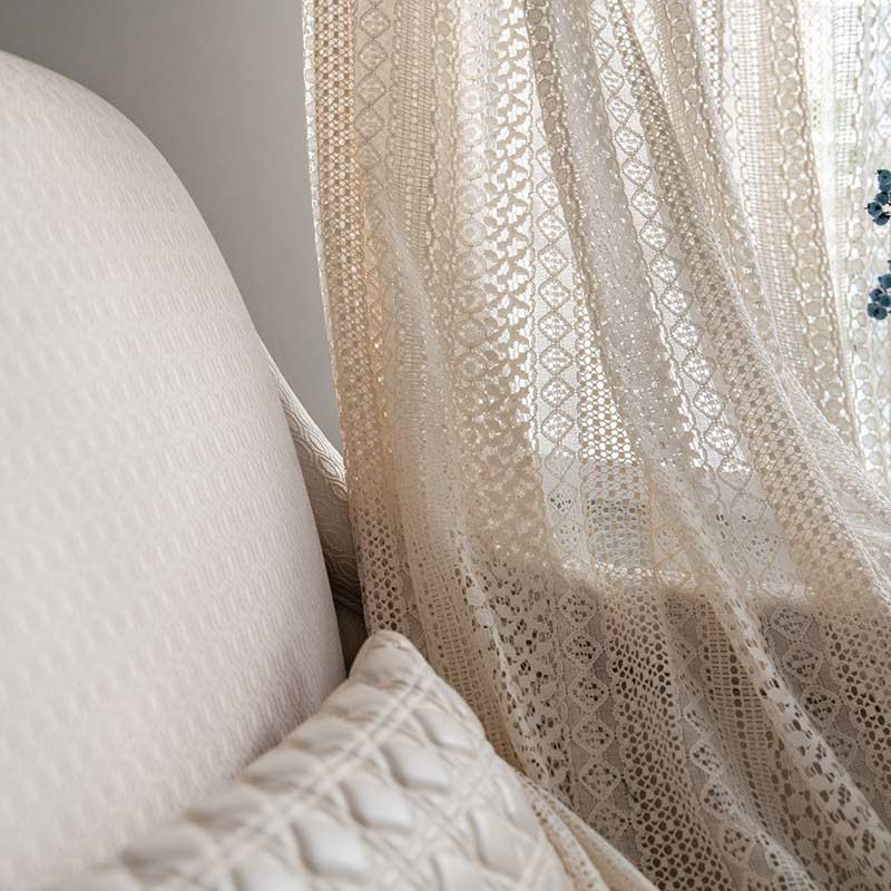 Cotton Beige Curtain Hollow-Out Tassel Drapes