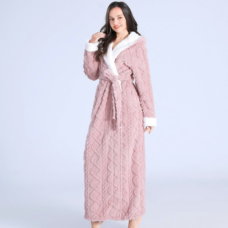 Ownkoti Jacquard Hoodie Long Bathrobe with Belt