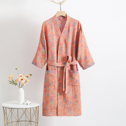 V-neck Floral Cotton Gauze Bathrobe