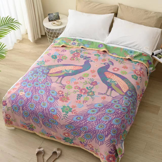 Elegant Peacock & Floral Cotton Gauze Blanket