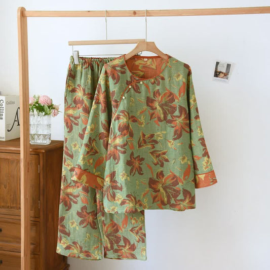 Cotton Gauze Jacquard Rhododendron Pajama Set