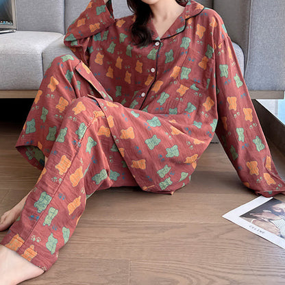 Plus Size Bear Cotton Lapel Loungewear Set