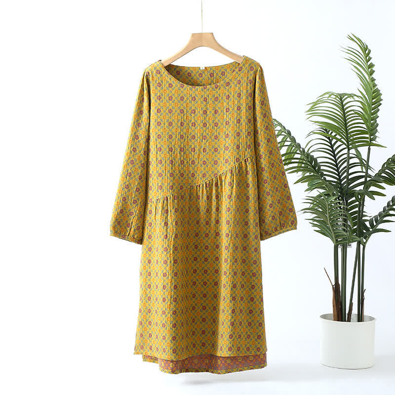 Floral Round Neck Soft Cotton Nightdress - Ginger Yellow - L - image 0