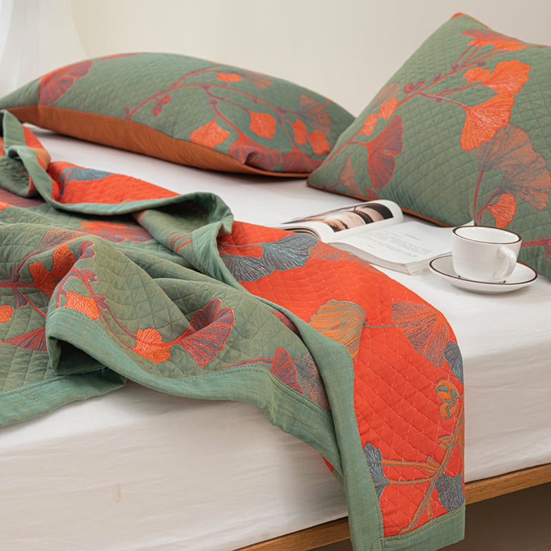 Orange Ginkgo Leaf Cotton Reversible Quilt