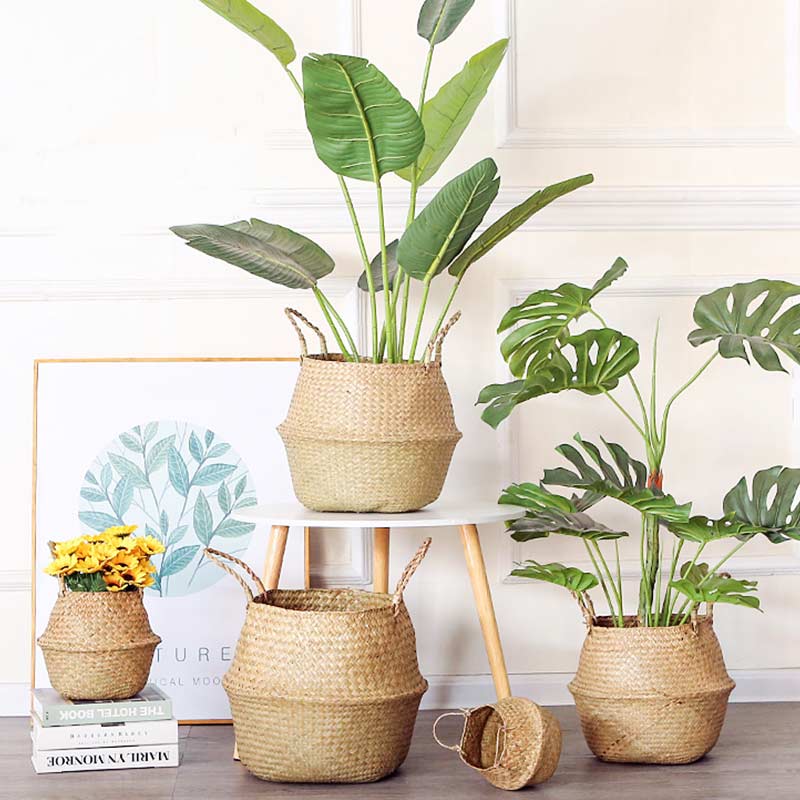 Ownkoti Woven Seagrass Belly Basket Storage Plant Pot Basket (2PCS)