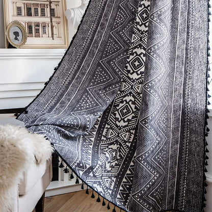 Ownkoti Bohemian Black Geometric Cotton Tassels Curtains