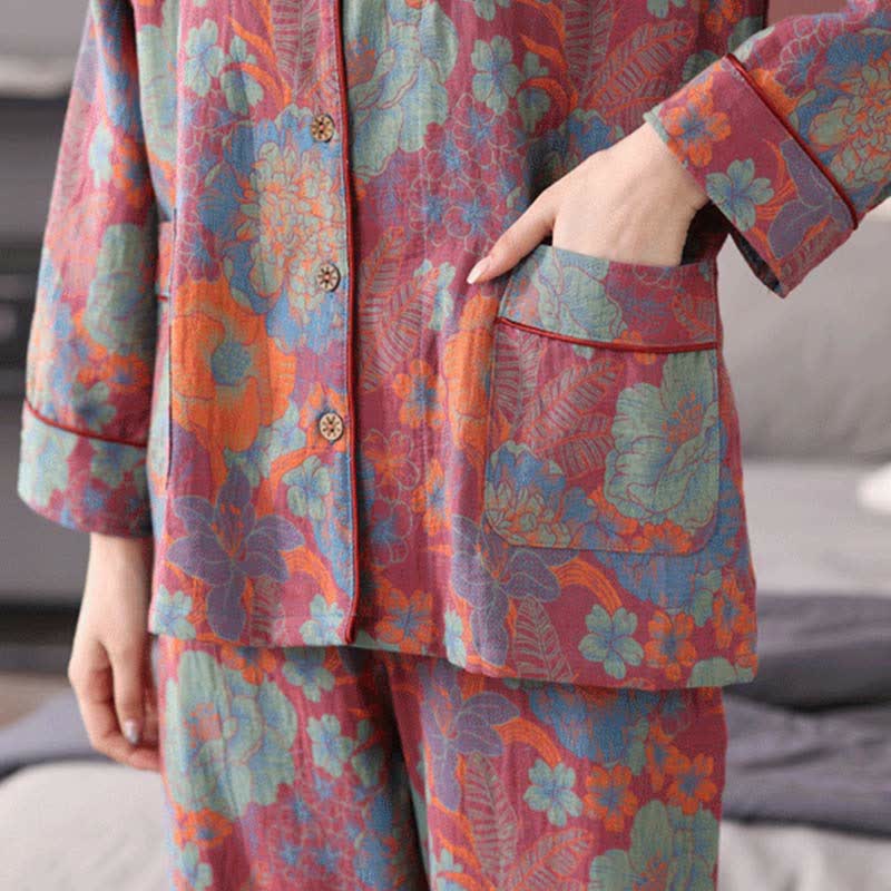 Luxurious Floral Lapel Cotton Pajama Set