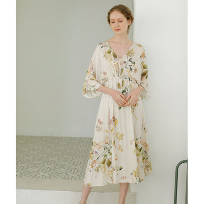 Ownkoti Rose Print Long Sleeve V-Neck Nightdress