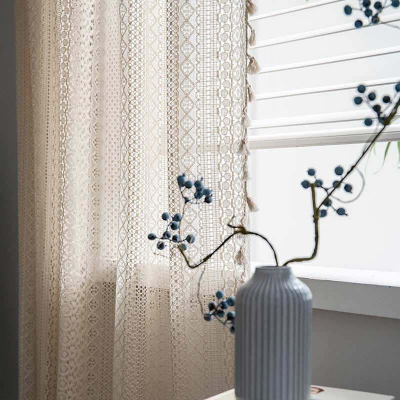 Cotton Beige Curtain Hollow-Out Tassel Drapes