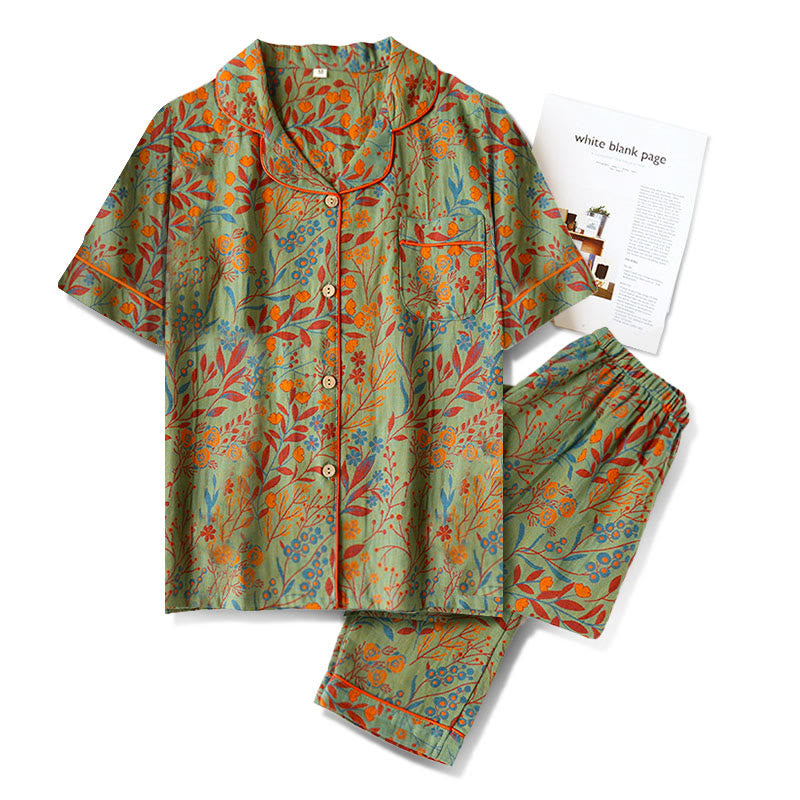 Retro Leaf Short Sleeve Pajama Set