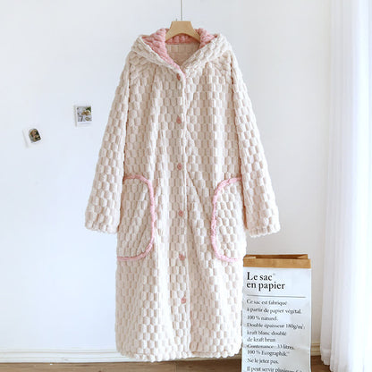 Solid Color Warm Flannel Hooded Bathrobe