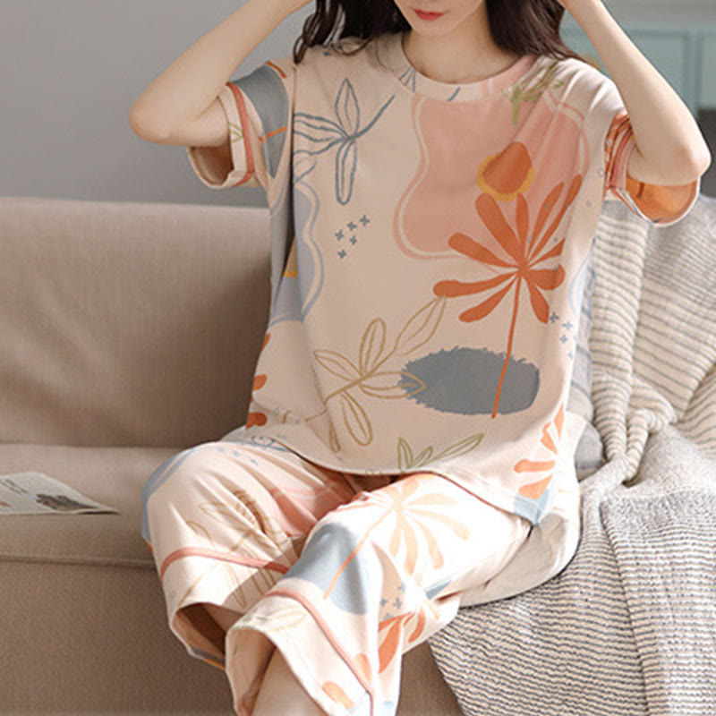 Flower Leaf Print Cotton Loungewear Set