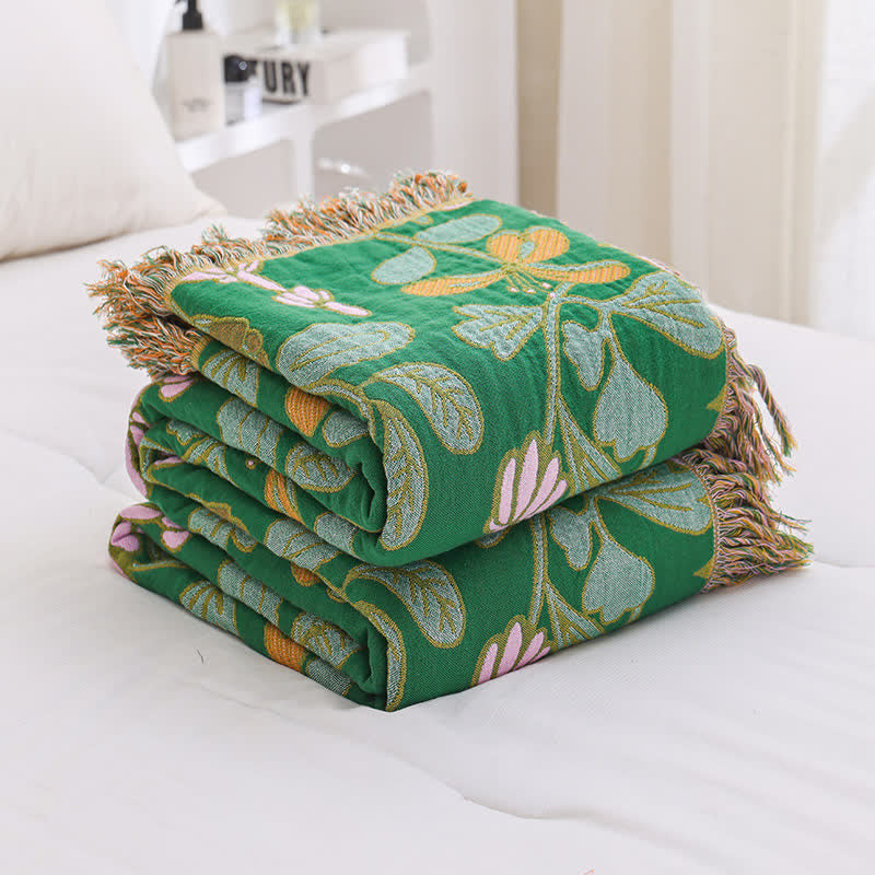 Cotton Gauze Floral Tassel Reversible Blanket