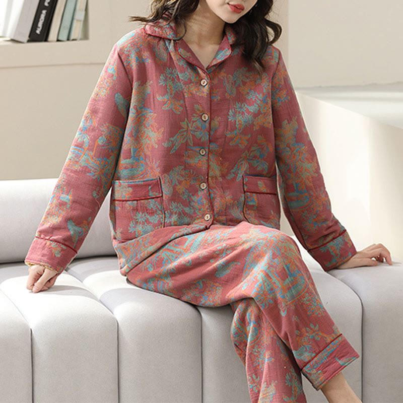 Flower Print Cotton Double-layer Loungewear Set