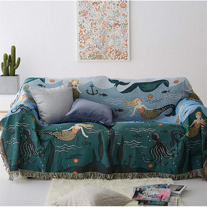 Ownkoti Mermaid Sofa Cover Palm Tassel Blanket