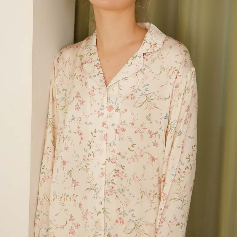 Ownkoti Floral Satin V-Neck Long Sleeve Loungewear