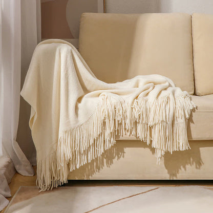 Simple Solid Color Tassel Throw Blanket