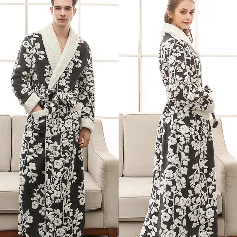 Ownkoti Flower Jacquard Fleece Pajama Long Bathrobe