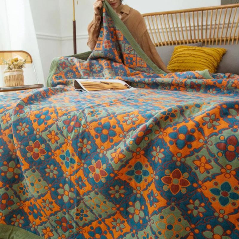 Boho Floral Print Cotton Reversible Quilt