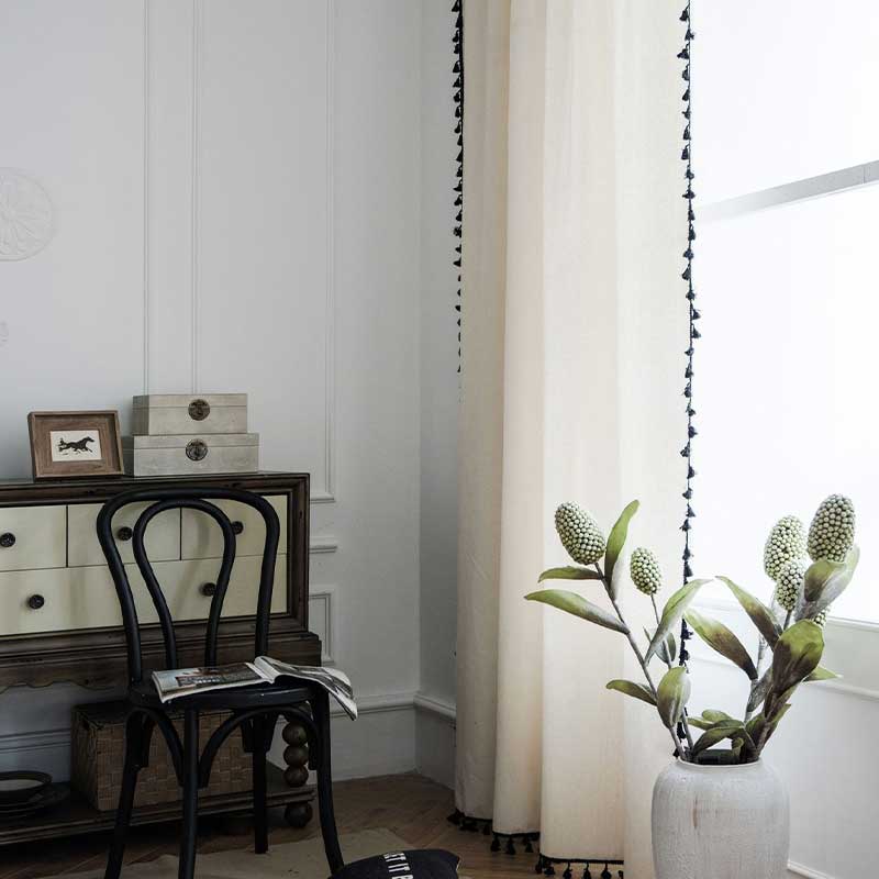 Cotton Linen Beige Curtain with Black Tassel