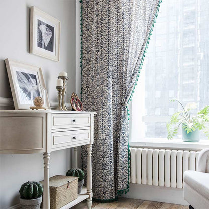 Blue Pattern Green Tassel Cotton Linen Curtain