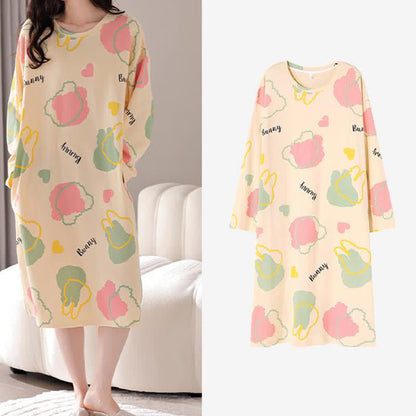 Cartoon Ropund-neck  Cotton Long Nightgown