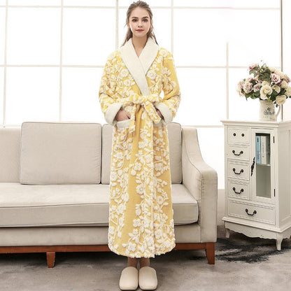 Ownkoti Flower Jacquard Fleece Pajama Long Bathrobe