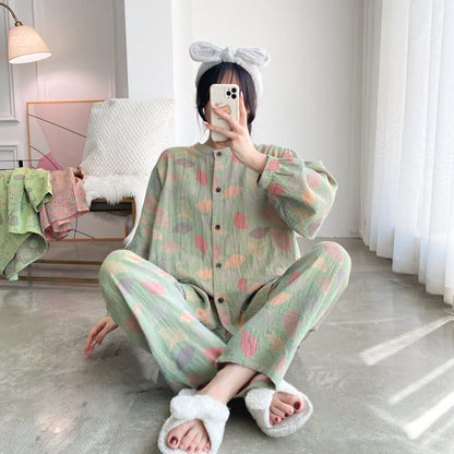 Plus Size Ginkgo Leaf Cotton Loungewear Set