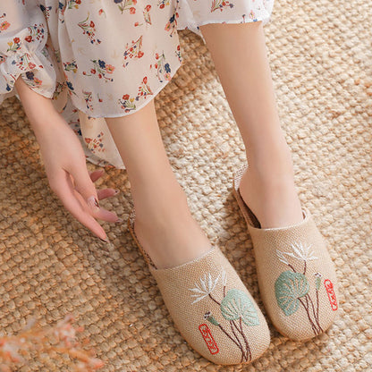 Retro Embroidered Lotus Flax Slippers