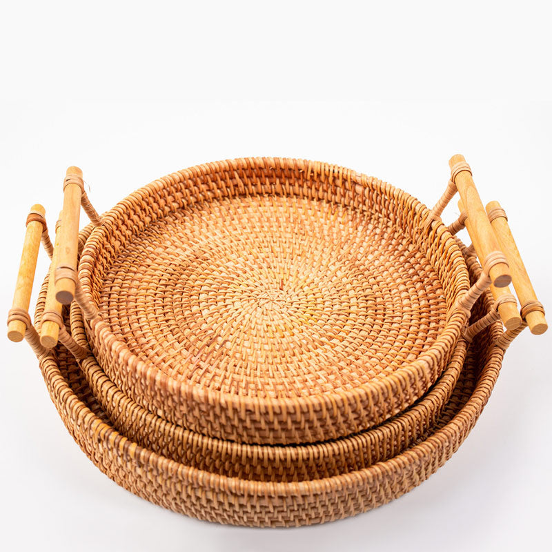 Ownkoti Hand Woven Rattan Round Tray With Handles