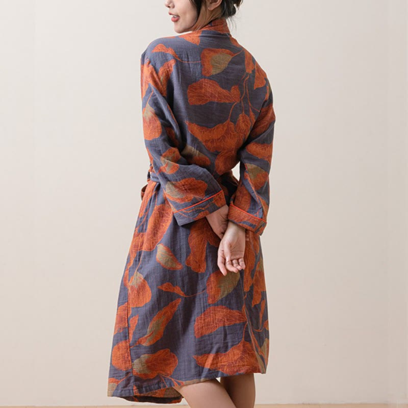 Large Leaf Cotton Bathrobe with Tie