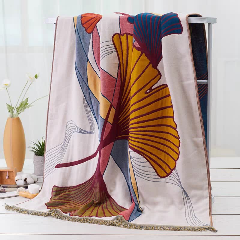 Ginkgo Leaf Cotton Gauze Tassel Bath Towel