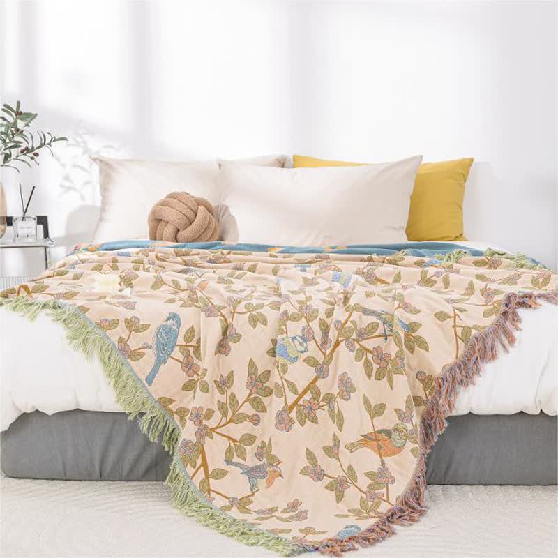 Cotton Gauze Floral & Bird Tassel Quilt