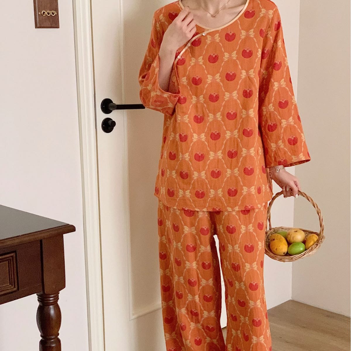 Yarn-dyed Jacquard Persimmon Cotton Pajama Set