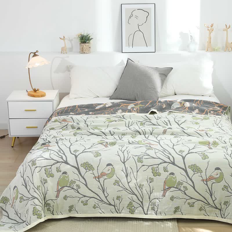 Hawthorn Tree Bird Cotton Reversible Quilt