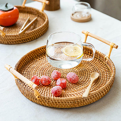 Ownkoti Hand Woven Rattan Round Tray With Handles